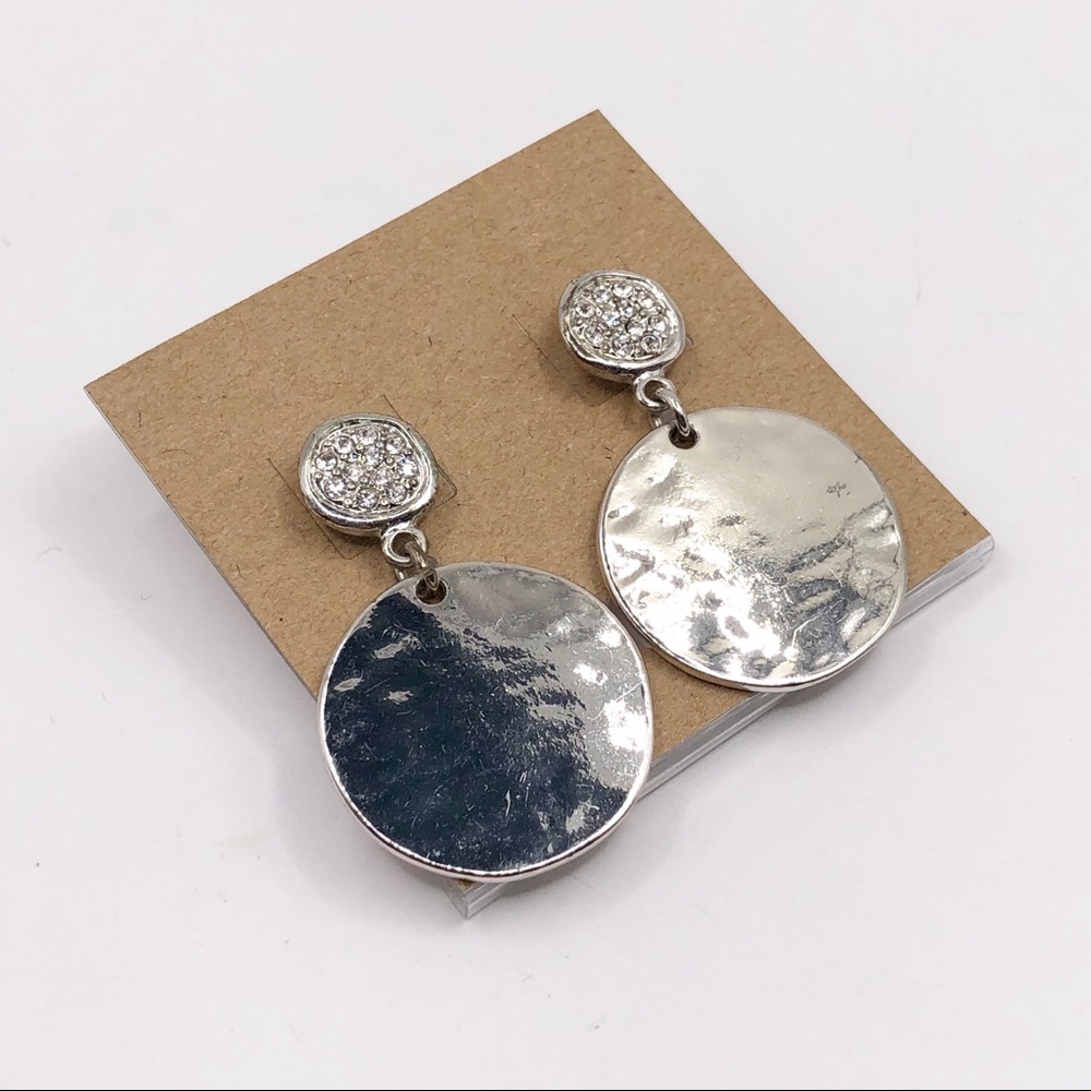 Silver Tone Disc and Round Crystal Dangle Post Earrings